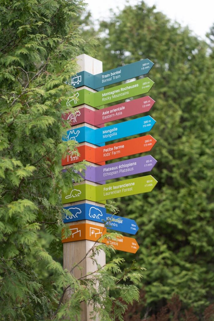 Multicolored signpost with directions in lush outdoor setting, ideal for travel and nature themes.